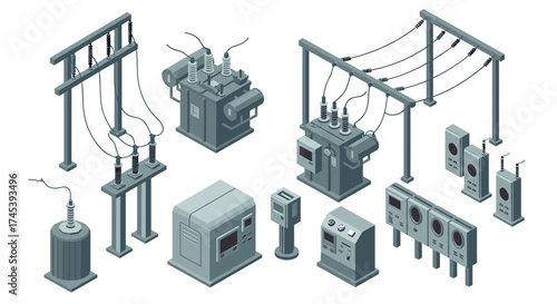 Isometric electric power substation elements for industrial infrastructure design