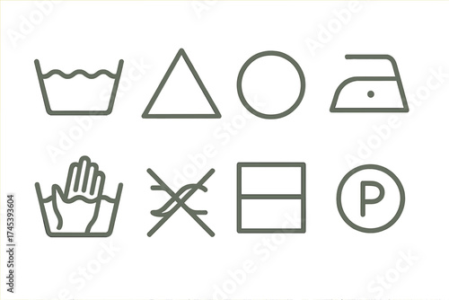 Essential set of international laundry care symbols for washing, bleaching, drying, ironing, and professional cleaning instructions