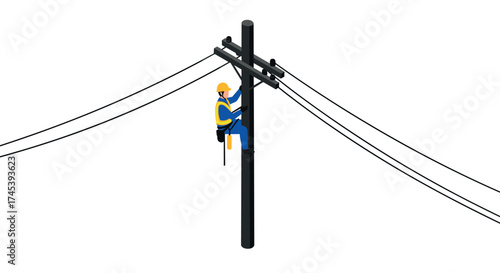 Isometric worker climbing utility pole with wires and safety gear on white background