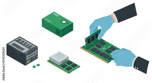 Isometric electronics assembly with computer components and gloved hands