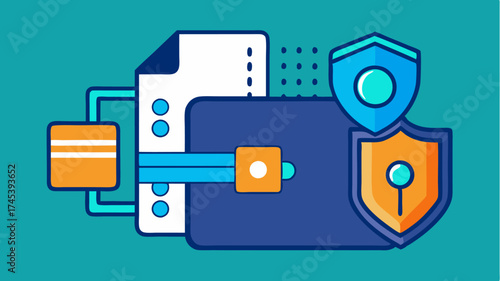 A cyberthemed security graphic showing a digital wallet being protected by a multilayered defense system against cyber threats.