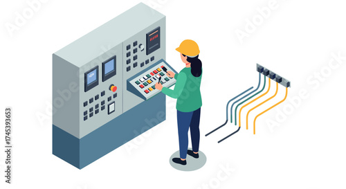 Factory control room with operator using control panel in isometric style