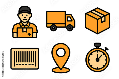 Set of icons for global shipping, fast delivery, logistics tracking, and transportation