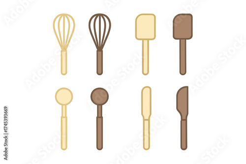 Essential kitchen baking utensils set including whisks spatulas and spoons