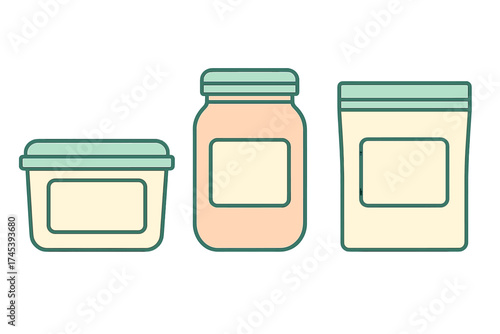 Three blank packaging containers set: tub, jar, and stand-up pouch mockup