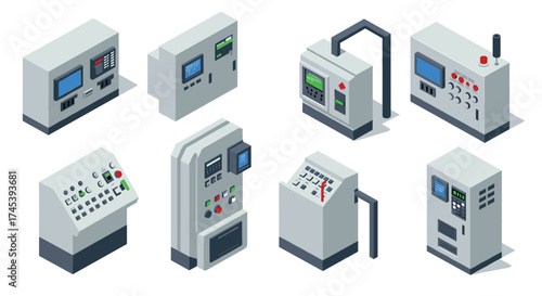 Isometric industrial control panels set with modern interface designs