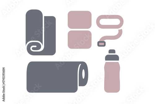 Minimalist collection of yoga and fitness accessories including mats blocks strap and water bottle
