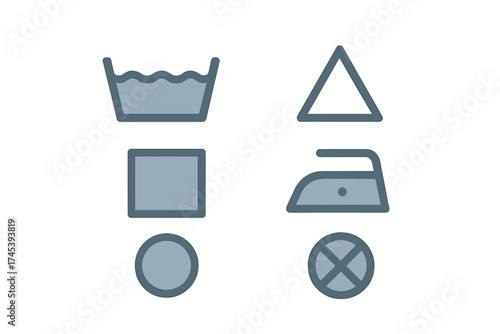 Collection of common laundry care symbols for washing, drying, bleaching, and ironing instructions