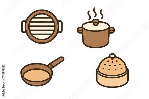 Essential kitchen cooking utensils set featuring a pot, pan, grill, and steamer basket