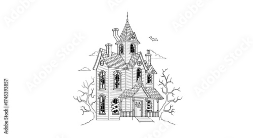 Illustration of a spooky, dilapidated Victorian-style house with broken windows and bare trees, set against a white background.