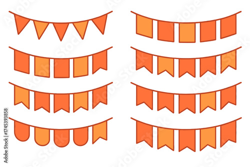 Collection of orange and yellow party bunting flags for festive decoration