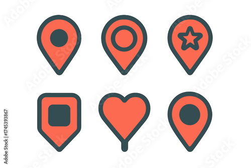 Set of six modern location map pin icons for navigation and favorite places interface design