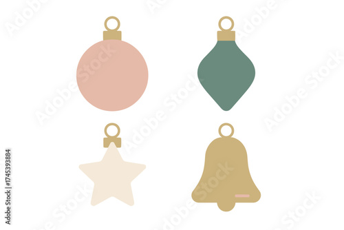 Minimalist set of holiday decorations featuring star, bell, and round baubles