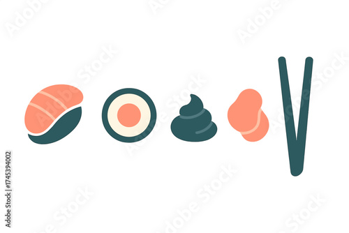 Stylized Japanese cuisine elements featuring salmon nigiri, maki roll, pickled ginger, wasabi, and chopsticks
