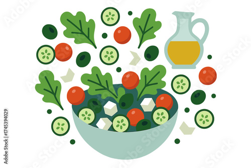 Vibrant composition of fresh salad ingredients including lettuce, tomatoes, cucumbers, olives, and feta cheese