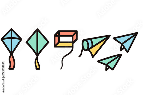 Colorful set of flying toys including traditional diamond kites, a box kite, and paper airplanes