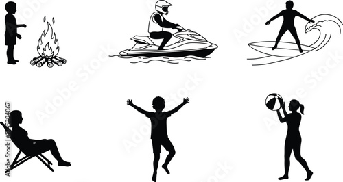 Silhouettes of people enjoying summer beach activities, jet ski, surfing, campfire, dancing, relaxing, playing beach ball, vacation fun