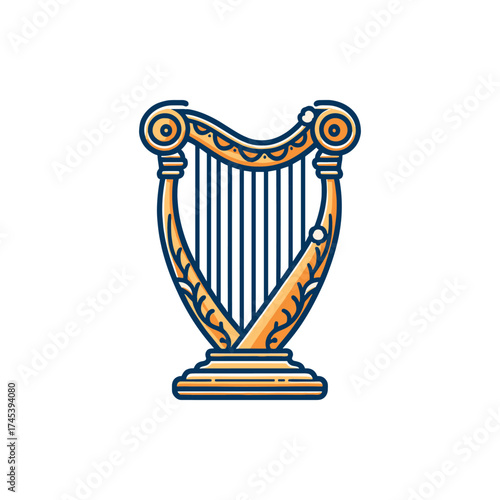 Elegant golden harp illustration with intricate designs, symbolizing music and culture