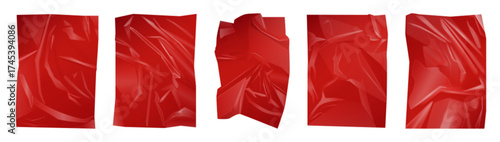 Realistic red crumpled polyethylene film textures perfect for packaging design, backgrounds, or creative projects, high detail and glossy effect isolated on white background vector illustration