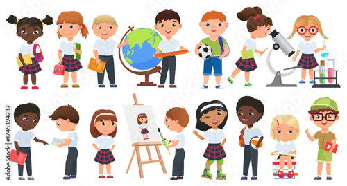 Cartoon cute kids set. School boys and girls children with books and school supplies collection