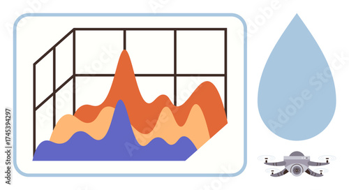 Colorful 3D graph showing data peaks, water drop icon hinting resource management, quadcopter symbolizing technology and monitoring. Ideal for analytics, sustainability, visualization, technology