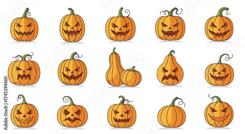 A collection of carved, grinning pumpkins with varying expressions, perfect for Halloween.