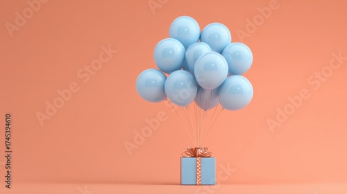 Numerous light blue balloons float above a gift box adorned with an orange ribbon bow against a solid peach background.