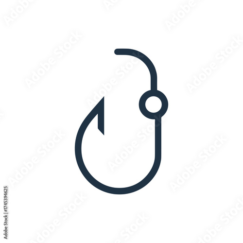 Minimalist fishing hook design on a white background, symbolizing fishing and outdoor activities