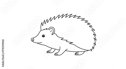 A simple line drawing of a hedgehog, shown in profile, with its distinctive quills and small features.