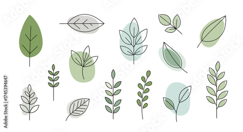 A collection of minimalist leaf illustrations, some partially filled with green, arranged on a white background.