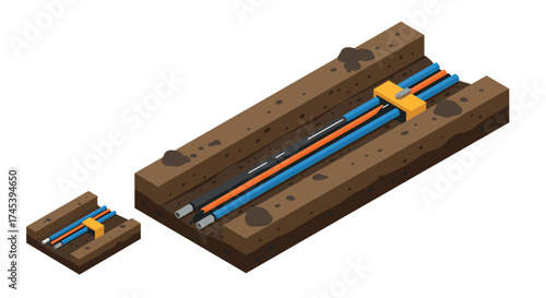 Isometric underground pipe installation with soil layers and cable details