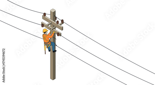 Worker repairing power lines on utility pole in isometric style