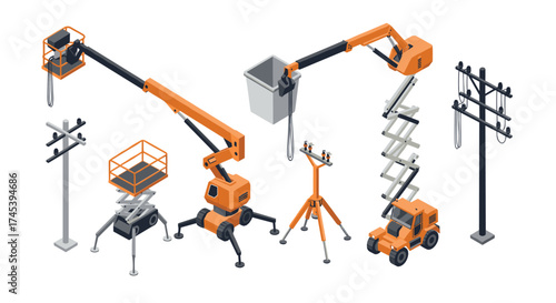 Construction equipment for utility work with telescopic lifts and cranes in isometric style