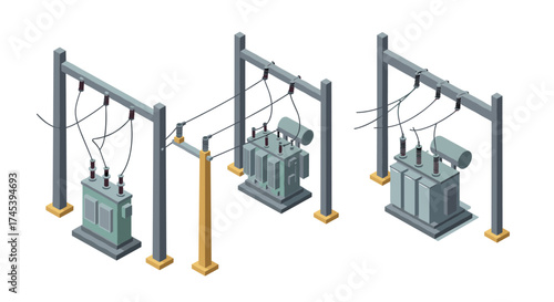Isometric power substation components and electrical transformers design