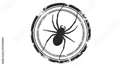 A black spider illustration inside a distressed circular stamp design, isolated on white.