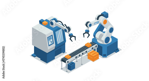 Automated manufacturing robotics in isometric style