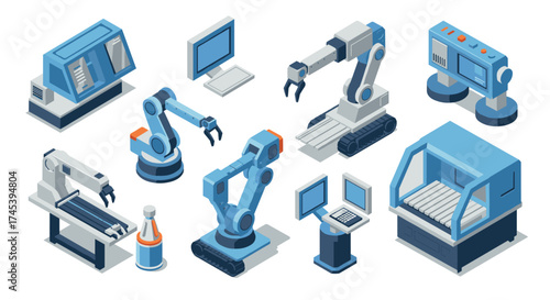 Isometric robotics icons modern industrial automation and technology equipment