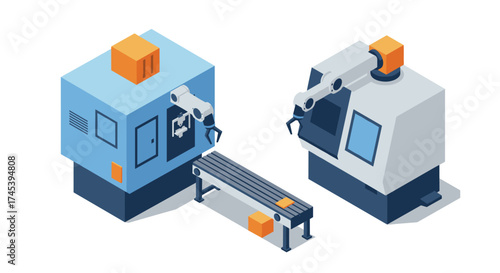 Isometric factory automation with robotic arms and machinery for efficient production