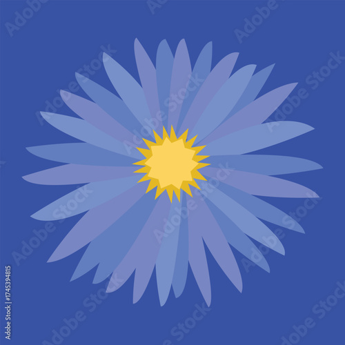 Illustration of a blue aster flower with a yellow center on a blue background, a vibrant and colorful design