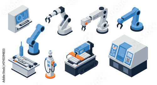 Isometric industrial robotics equipment and machinery set