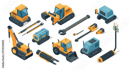 Isometric heavy machinery and tools collection for construction projects