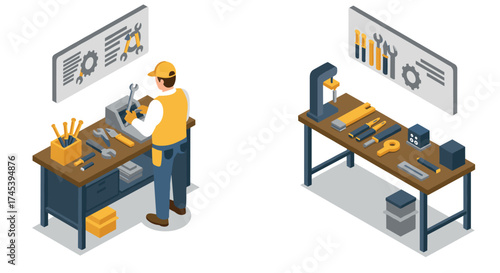 Workshop scene with worker and tools in isometric style
