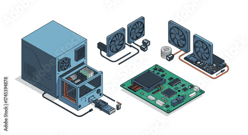 Isometric computer components and cooling system diagram