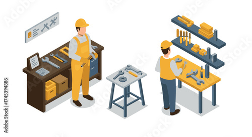Isometric workshop tools and mechanics in action