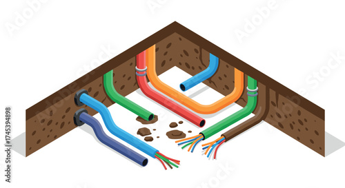 Isometric underground pipes and cables in cross section view