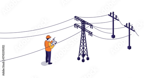 Utility worker inspecting power lines with digital tablet in isometric style