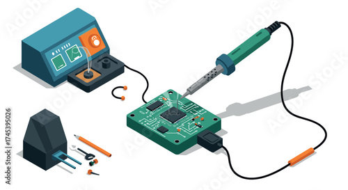 Electronics repair workshop with soldering iron and circuit board in isometric style