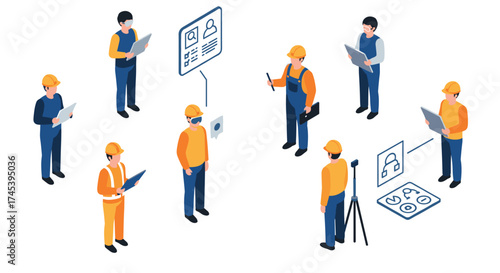 Isometric engineers and surveyors collaborating with digital tools