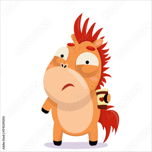 Vector illustration of a stressed horse drinking coffee. Horse, character, 2026, Horoscope, cute, drinking, pony, childish, funny, Chinese, stress
