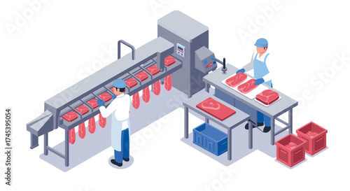 Isometric meat production process with conveyor belt and workers in food factory